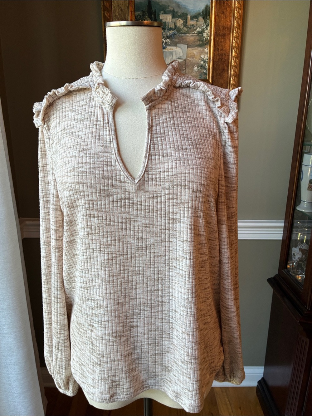Zac & Rachel Ruffled Notch-Neck Long Sleeve Top Size Large